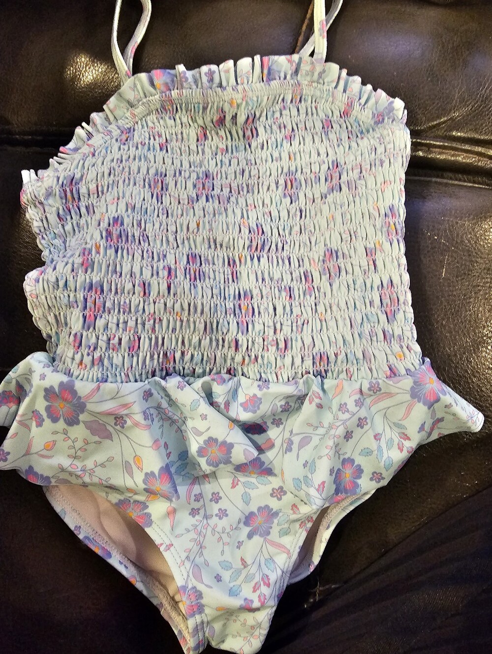 Rufflebutt Toddler Girls' Floral Light Blue Ruffled One-Piece Swimsuit. Like New - Picture 1 of 4